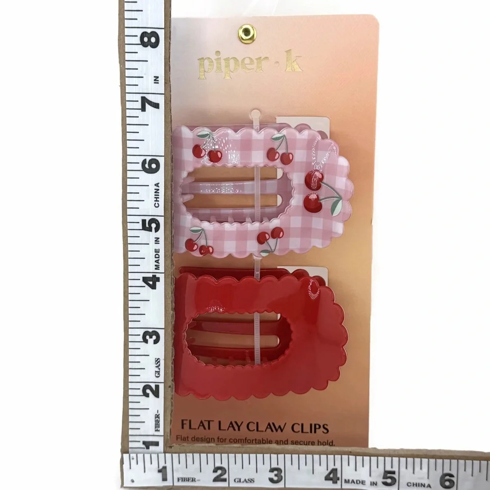 Piper K Cherries Flat Lay Hair Claw Clips Set of 2 Red Pink